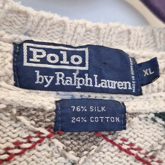 Vintage Polo By Ralph Lauren Argyle V-Neck Sweater - Silk Blend Size XL